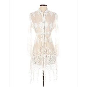 Given Kale Womens White Mesh Lace Embroidered Fringe Duster Cardigan Size L